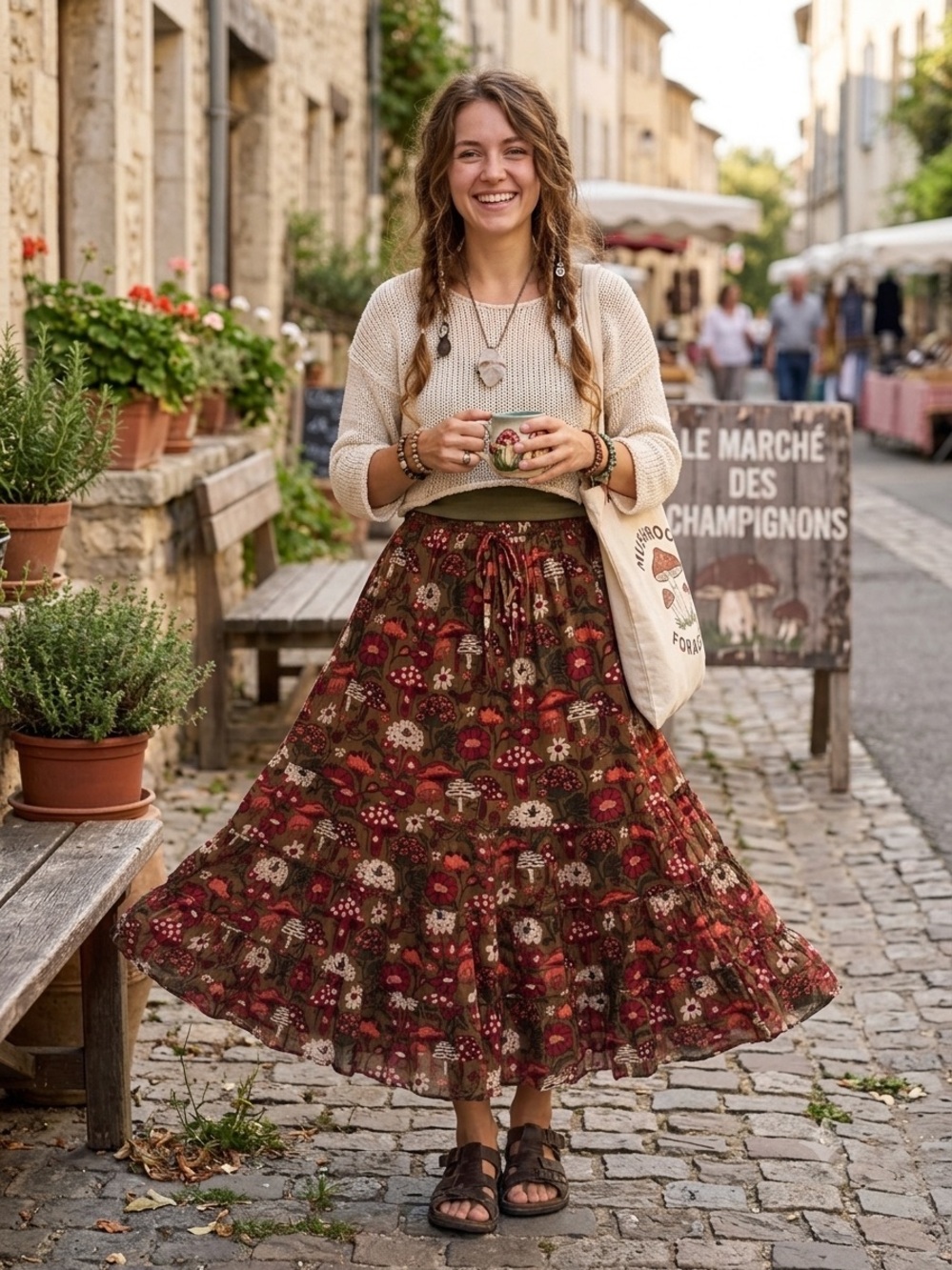 Zakhays Mushroom Floral Print Tiered Cotton Maxi Skirt S